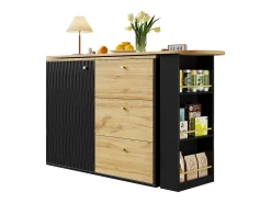 Móvel bar giratório com 1 porta e 3 gavetas, prateleira lateral de três níveis incluída, preto e natural claro - 204x39x104cm