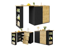 Móvel bar giratório com 1 porta e 3 gavetas, prateleira lateral de três níveis incluída, preto e natural claro - 204x39x104cm