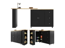 Móvel bar giratório com rodízios, 2 portas, 3 gavetas e prateleiras, tampo em folheado de madeira natural clara, corpo preto - 209x39x106cm