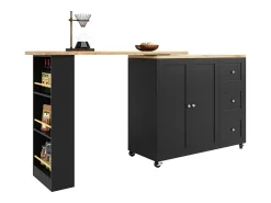 Móvel bar giratório com rodízios, 2 portas, 3 gavetas e prateleiras, tampo em folheado de madeira natural clara, corpo preto - 209x39x106cm