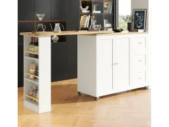 Móvel bar giratório com rodízios, 2 portas, 3 gavetas e prateleiras, tampo em folheado de madeira natural clara, corpo branco - 209x39x106cm