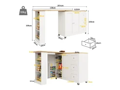 Móvel bar giratório com rodízios, 2 portas, 3 gavetas e prateleiras, tampo em folheado de madeira natural clara, corpo branco - 209x39x106cm
