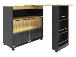 Móvel bar giratório sobre rodas com 2 portas de correr em vidro, 1 nicho e prateleiras, LED incluído, MDF, preto - 138x39x105cm