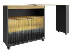 Móvel bar giratório sobre rodas com 2 portas de correr em vidro, 1 nicho e prateleiras, LED incluído, MDF, preto - 138x39x105cm