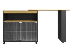Móvel bar giratório sobre rodas com 2 portas de correr em vidro, 1 nicho e prateleiras, LED incluído, MDF, preto - 138x39x105cm