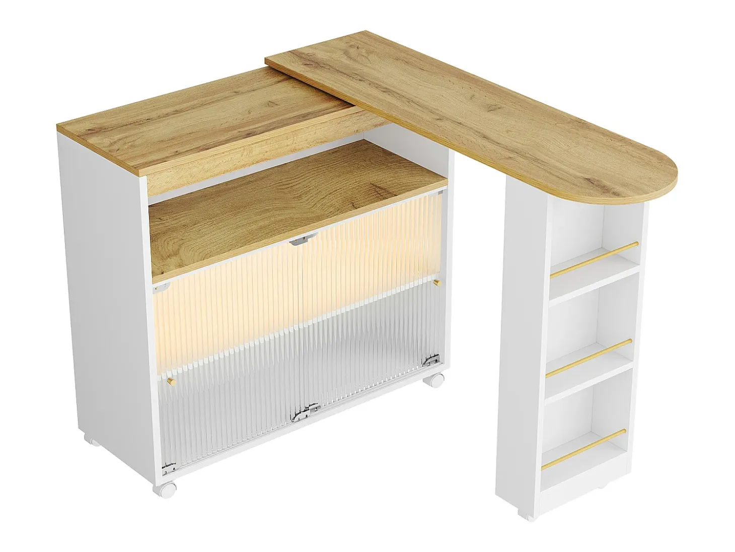Móvel bar giratório sobre rodas com 2 portas de correr em vidro, 1 nicho e prateleiras, LED incluído, MDF, branco - 138x39x105cm