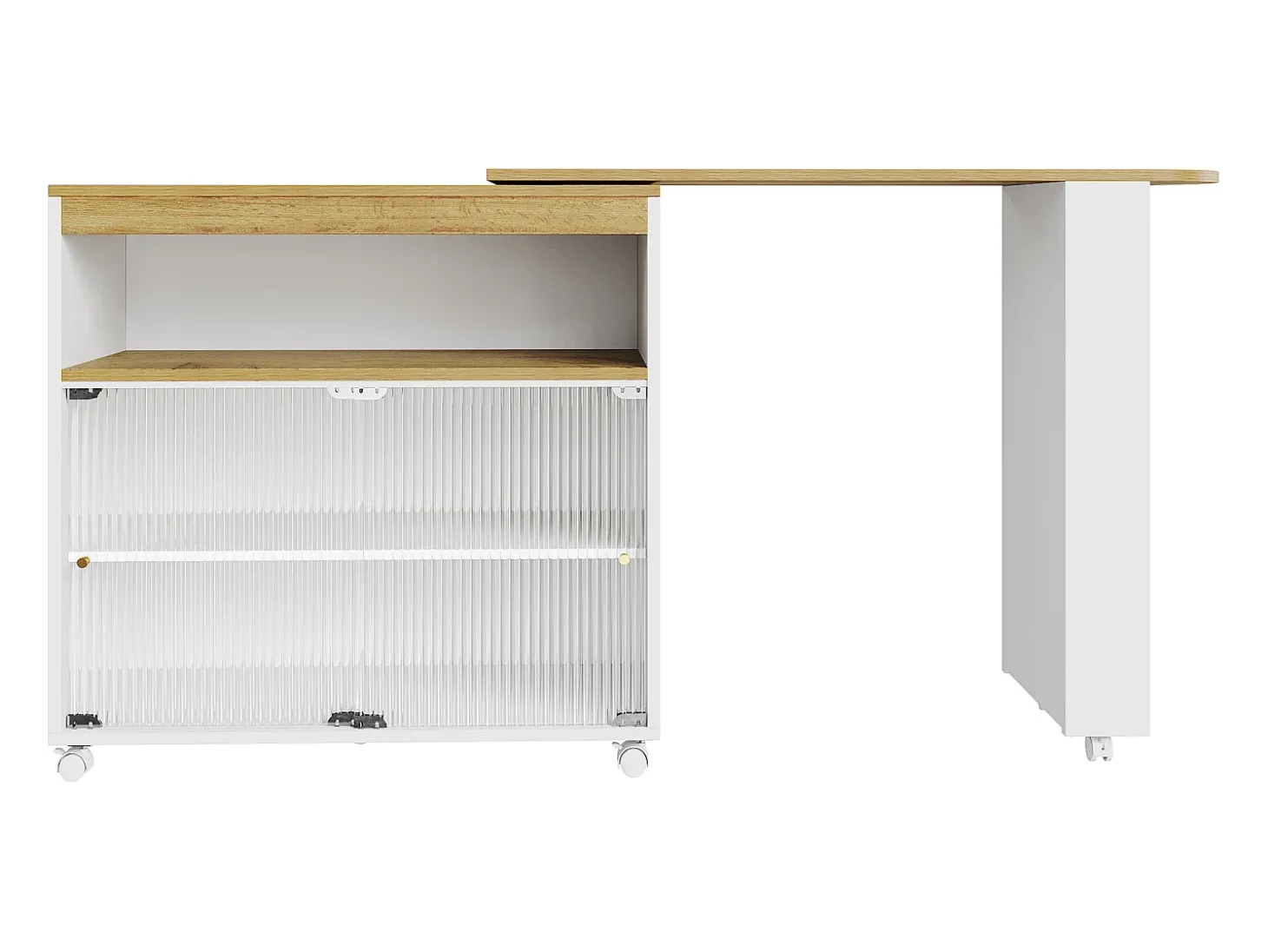 Móvel bar giratório sobre rodas com 2 portas de correr em vidro, 1 nicho e prateleiras, LED incluído, MDF, branco - 138x39x105cm