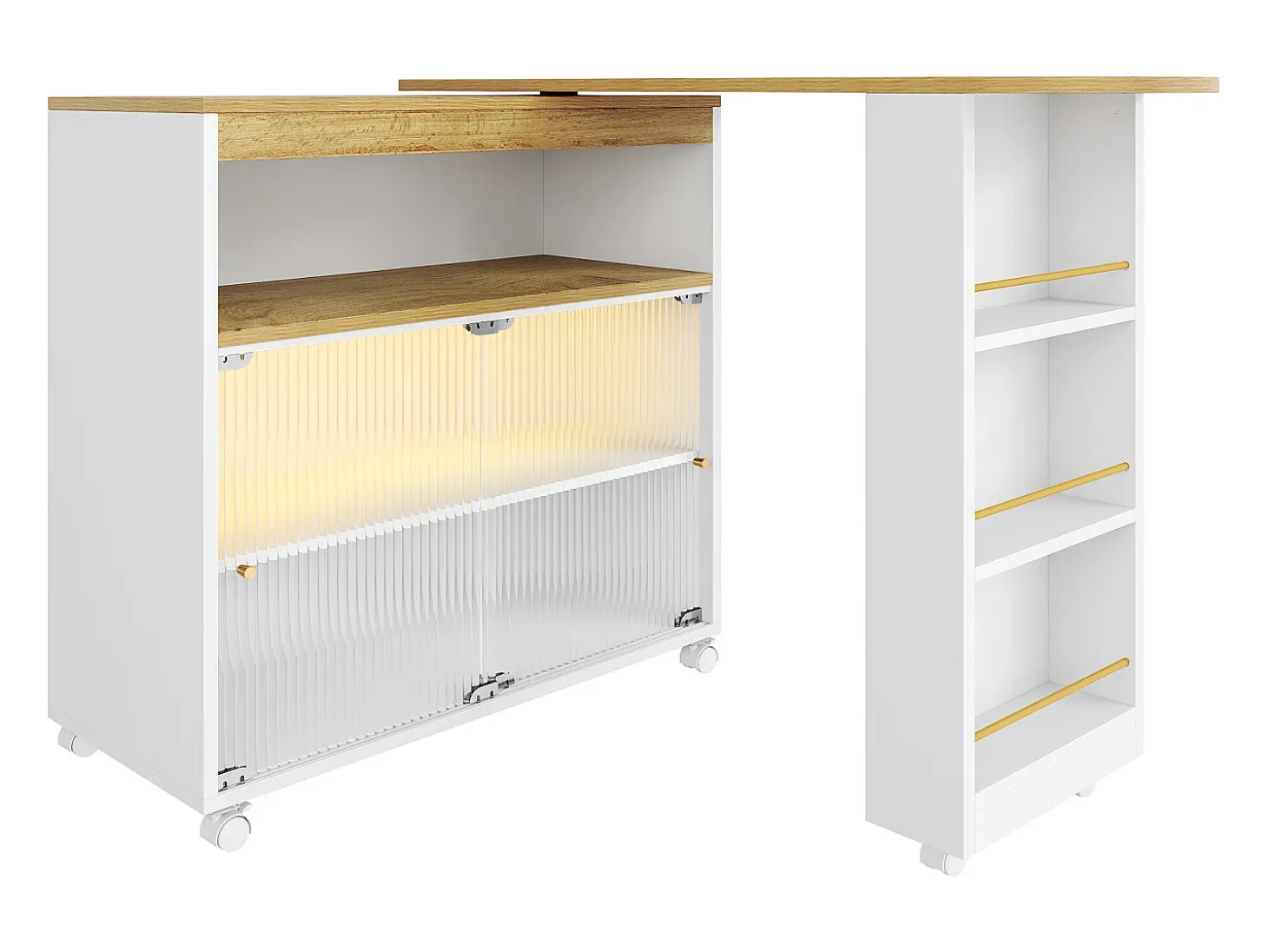 Móvel bar giratório sobre rodas com 2 portas de correr em vidro, 1 nicho e prateleiras, LED incluído, MDF, branco - 138x39x105cm