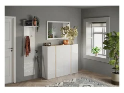 Móvel de armazenamento com 4 portas e 10 prateleiras ajustáveis, coleção KEY, nas cores branco brilhante laqueado e carvalho cadiz.