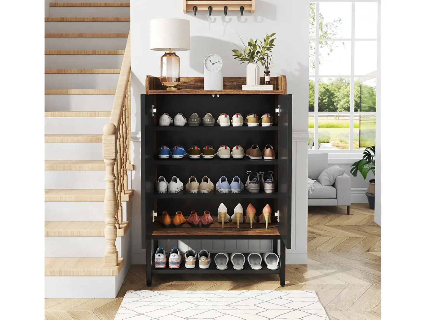 Móvel de armazenamento para sapatos com 5 níveis - Para 15 a 20 pares de sapatos - Preto e marrom
