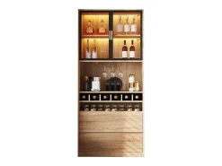 Móvel de bar - 80 x 40 x 180 cm - com 2 portas de vidro + LEDs + 2 gavetas - MDF - natural