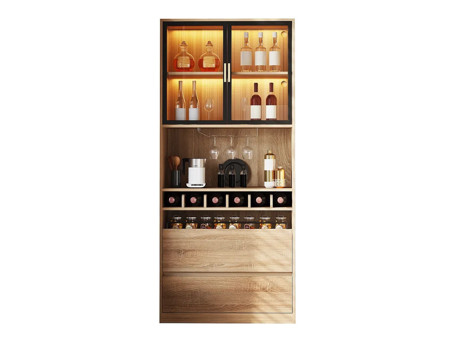 Móvel de bar - 80 x 40 x 180 cm - com 2 portas de vidro + LEDs + 2 gavetas - MDF - natural