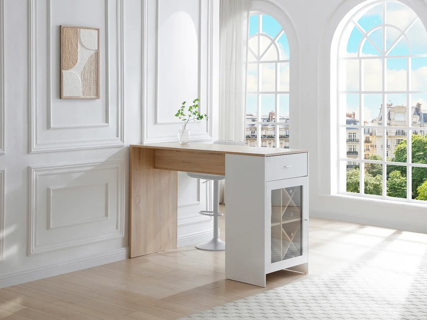 Móvel de bar com espaços de arrumação branco e natural - NIRAYA