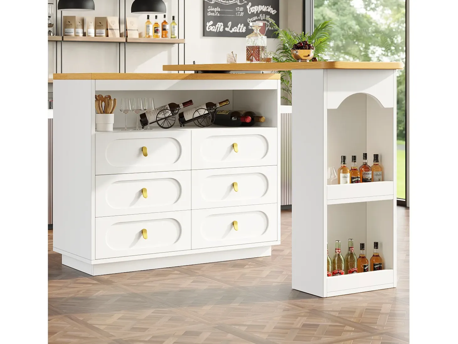 Móvel de bar de cozinha extensível - e rotação 360° - 203x39x90 cm - 6 gavetas - com prateleiras laterais - Branco