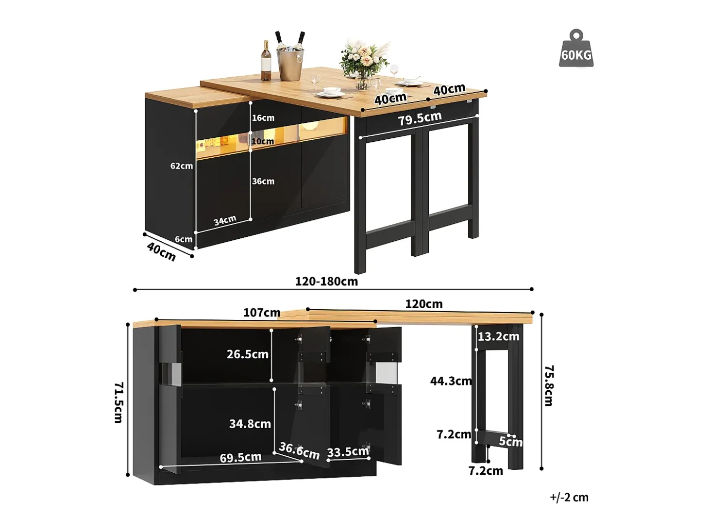 Móvel de bar de cozinha extensível - com iluminação LED - mesa grande - e rotação 360° - 180x79.5x71.5 cm - 3 portas - Preto