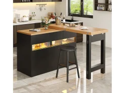 Móvel de bar de cozinha extensível - com iluminação LED - mesa grande - e rotação 360° - 180x79.5x71.5 cm - 3 portas - Preto