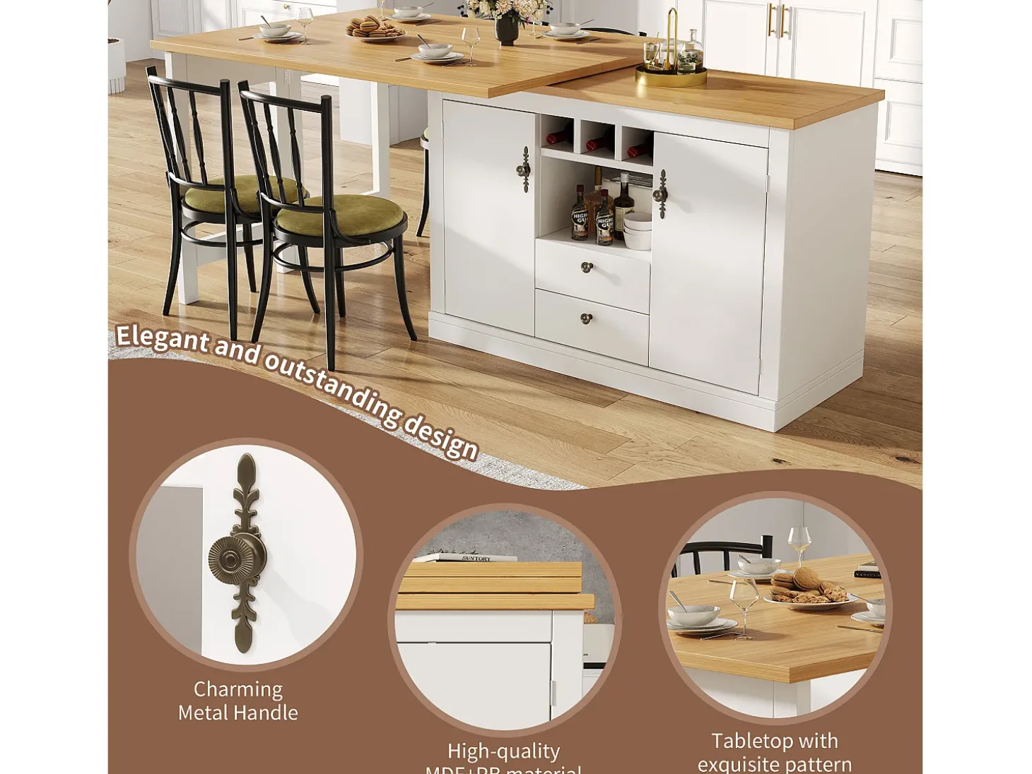 Móvel de bar de cozinha extensível - e rotação 360° - mesa grande - 180x79.5x71.5 cm - 2 gavetas e 2 portas - 3 adegas - Branco