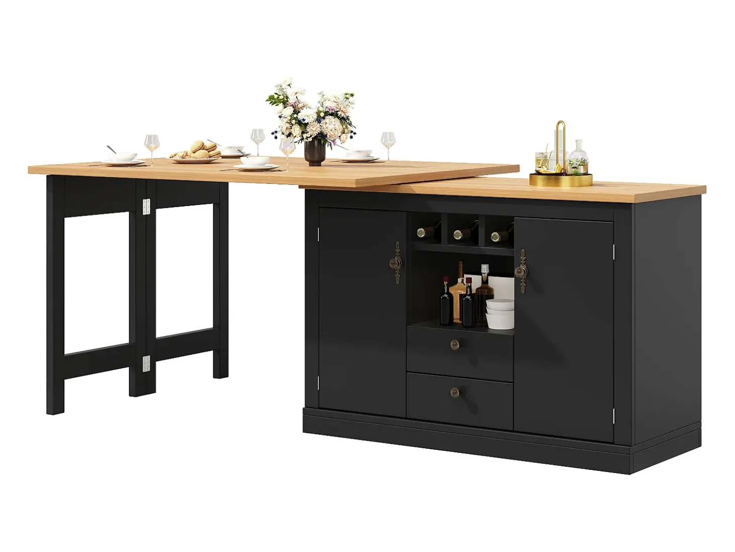 Móvel de bar de cozinha extensível - e rotação 360° - mesa grande - 180x79.5x71.5 cm - 2 gavetas e 2 portas - 3 adegas - Preto