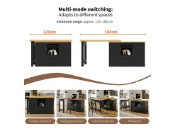 Móvel de bar de cozinha extensível - e rotação 360° - mesa grande - 180x79.5x71.5 cm - 2 gavetas e 2 portas - 3 adegas - Preto