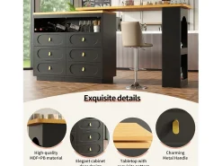 Móvel de bar de cozinha extensível - e rotação 360° - 203x39x90 cm - 6 gavetas - com prateleiras laterais - Preto
