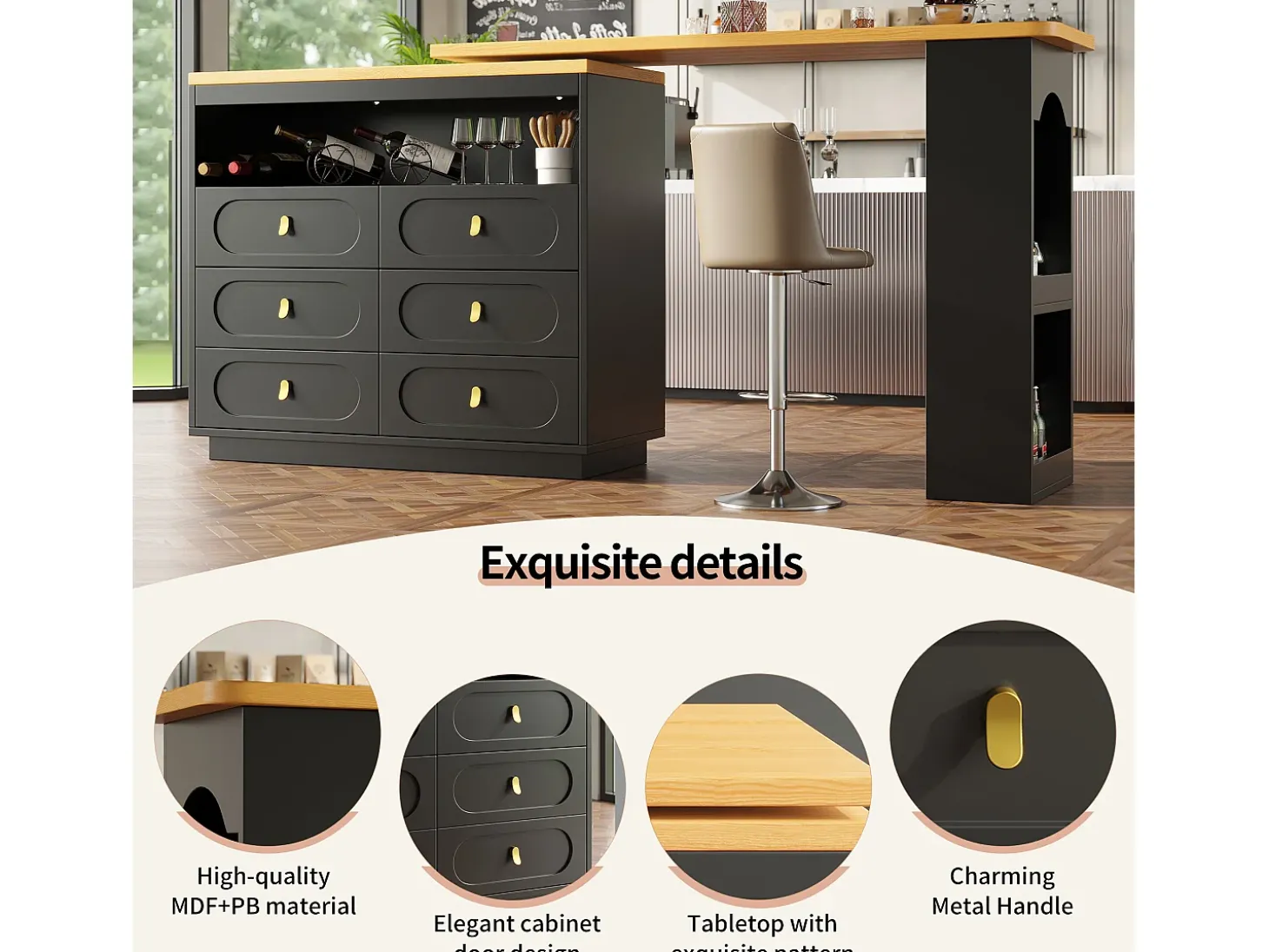 Móvel de bar de cozinha extensível - e rotação 360° - 203x39x90 cm - 6 gavetas - com prateleiras laterais - Preto