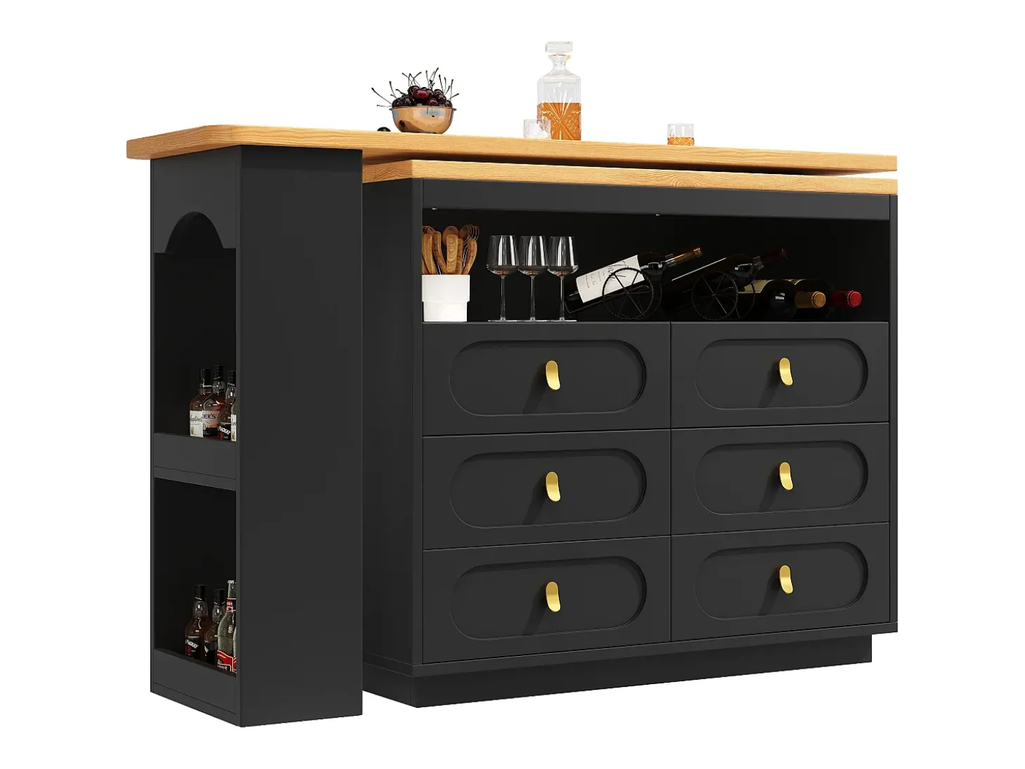 Móvel de bar de cozinha extensível - e rotação 360° - 203x39x90 cm - 6 gavetas - com prateleiras laterais - Preto