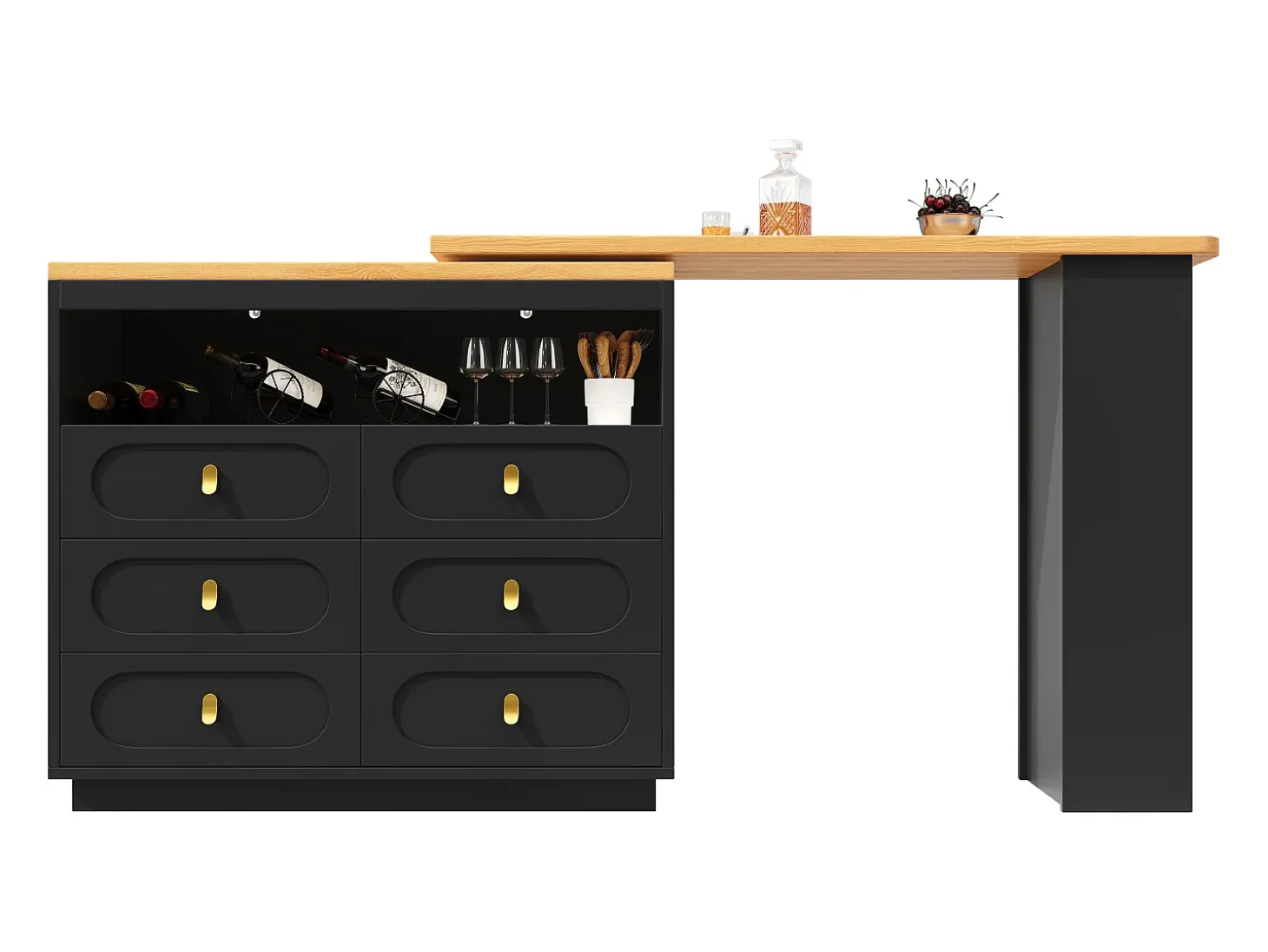 Móvel de bar de cozinha extensível - e rotação 360° - 203x39x90 cm - 6 gavetas - com prateleiras laterais - Preto