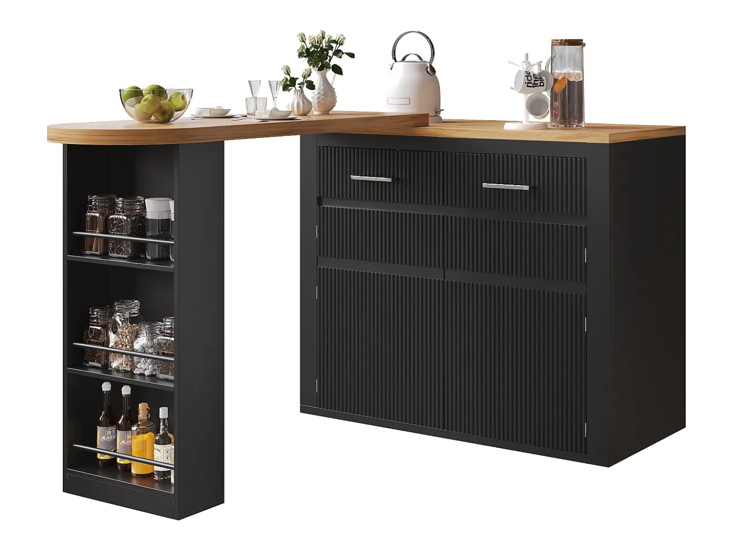 Móvel de bar de cozinha extensível - con rotação 360° - 215x39x103cm - 2 portas, 2 gavetas - con prateleiras laterais - Preto