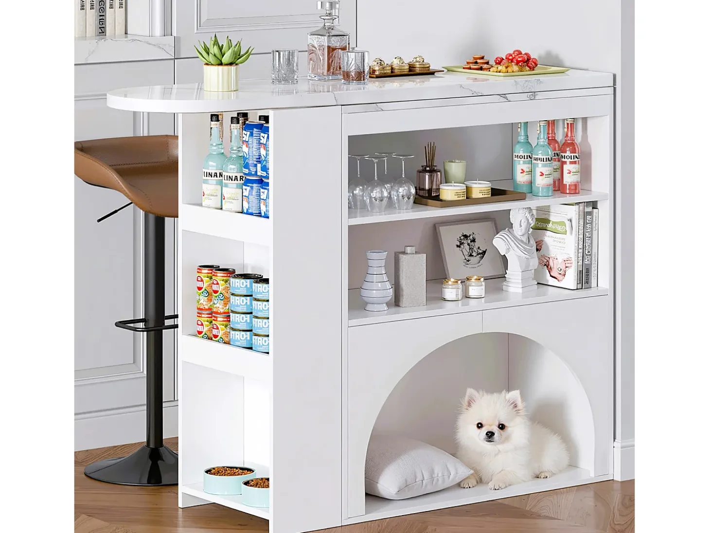 Móvel de bar extensível 120 (+80)×40×100 cm - com espaço de descanso para animais - prateleiras abertas - branco