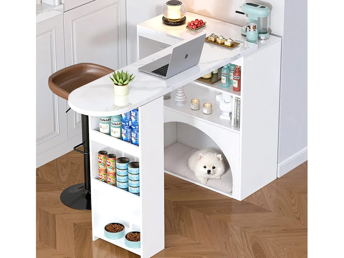 Móvel de bar extensível 120 (+80)×40×100 cm - com espaço de descanso para animais - prateleiras abertas - branco