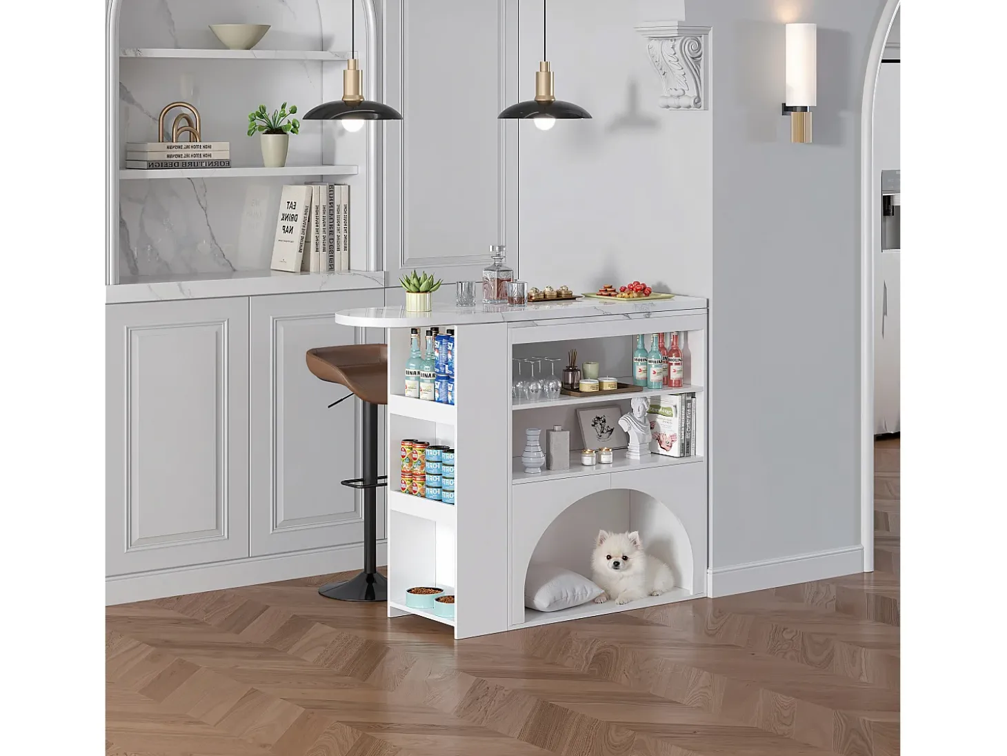 Móvel de bar extensível 120 (+80)×40×100 cm - com espaço de descanso para animais - prateleiras abertas - branco