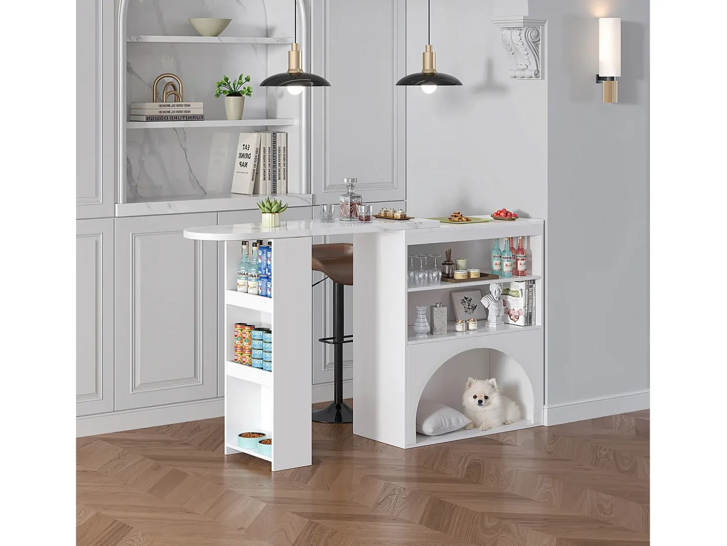 Móvel de bar extensível 120 (+80)×40×100 cm - com espaço de descanso para animais - prateleiras abertas - branco