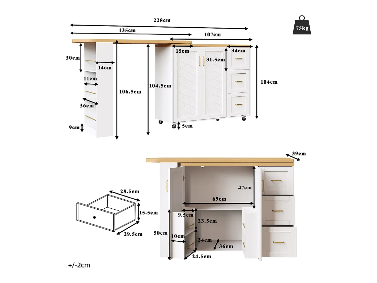 Móvel de bar extensível - pivotante - 228x39x104cm - con 2 portas e 3 gavetas - con prateleiras laterais - Branco