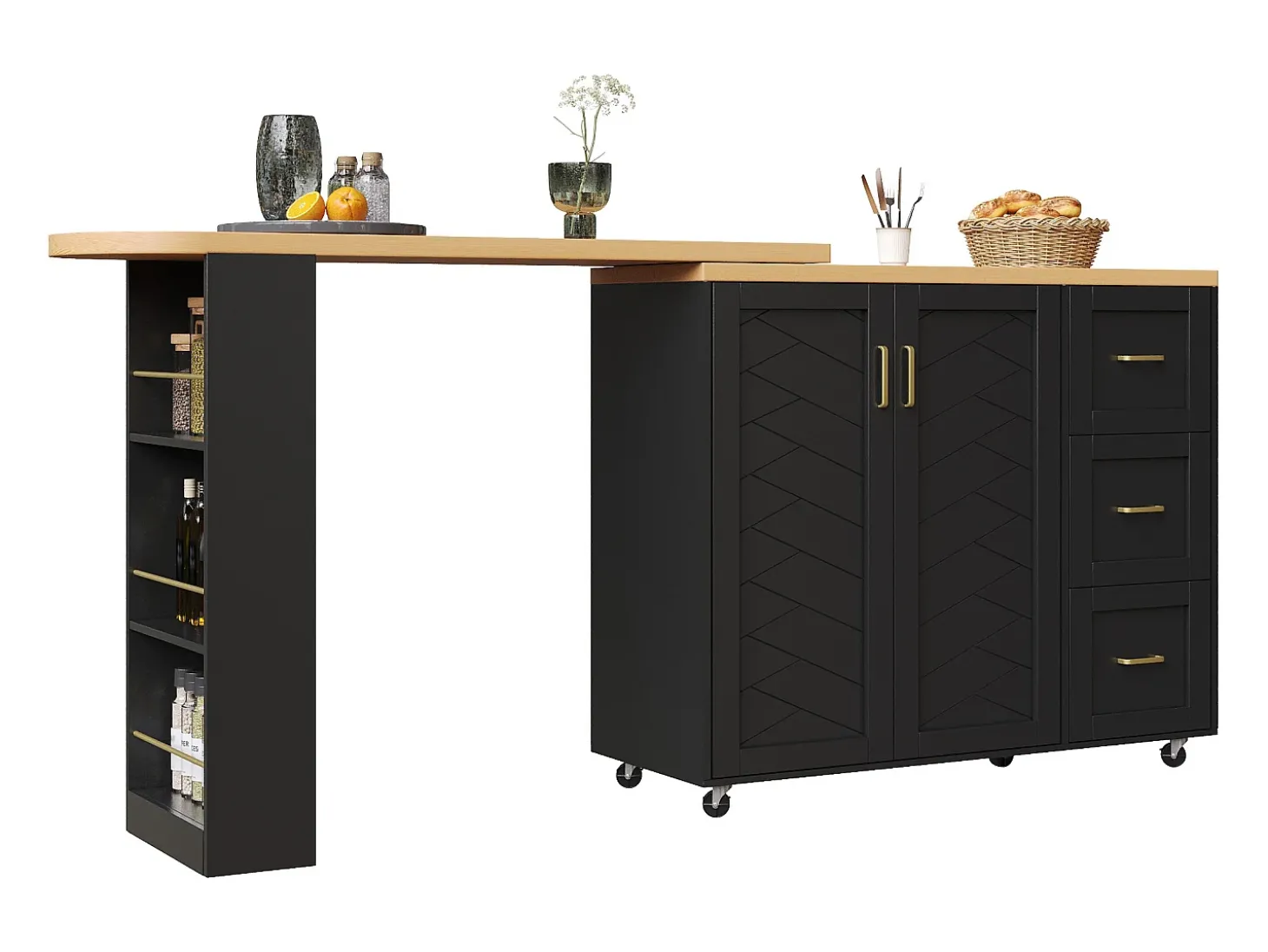 Móvel de bar extensível - pivotante - 228x39x104cm - con 2 portas e 3 gavetas - con prateleiras laterais - Preto