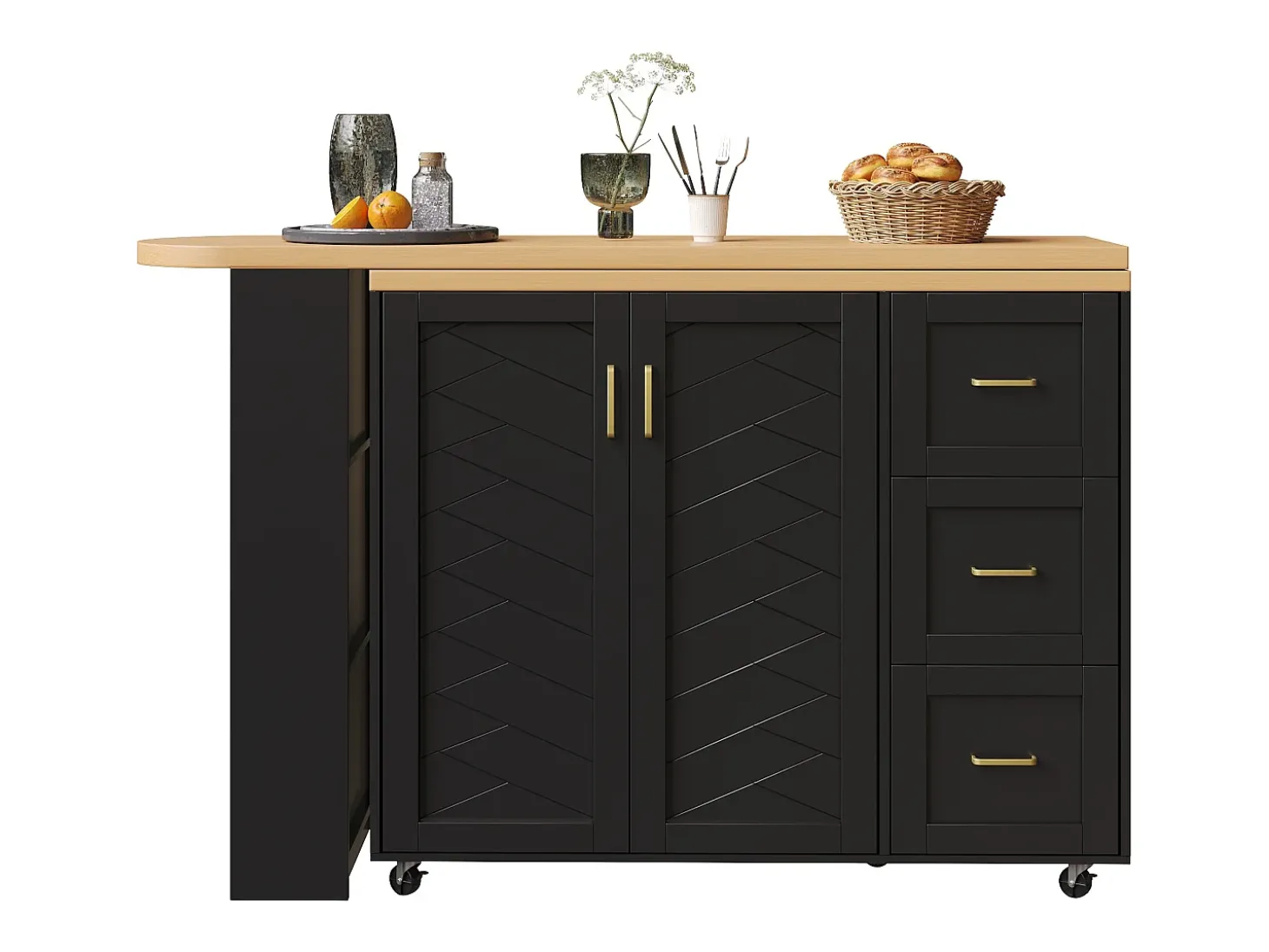 Móvel de bar extensível - pivotante - 228x39x104cm - con 2 portas e 3 gavetas - con prateleiras laterais - Preto