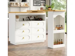 Móvel de bar extensível com rotação de 360° - Comprimento ajustável - com 6 gavetas - MDF - branco