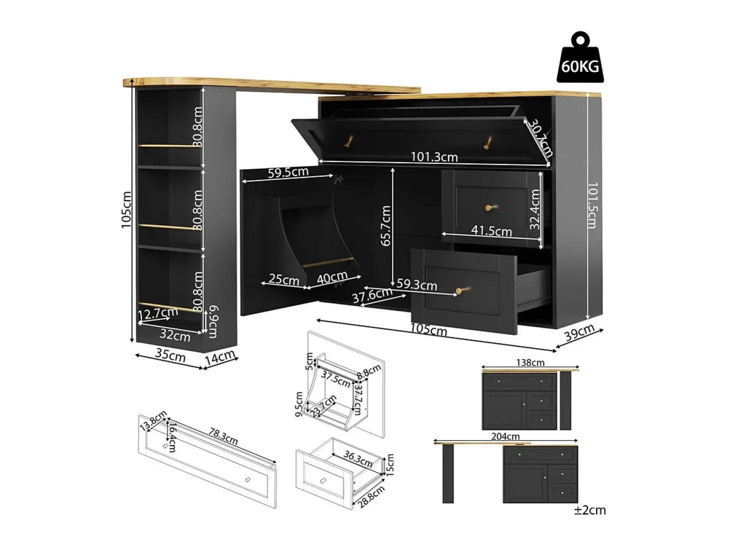 Móvel de bar extensível giratório - com 2 portas, 2 gavetas e 3 nichos - MDF - 138/204×39×105cm - Preto