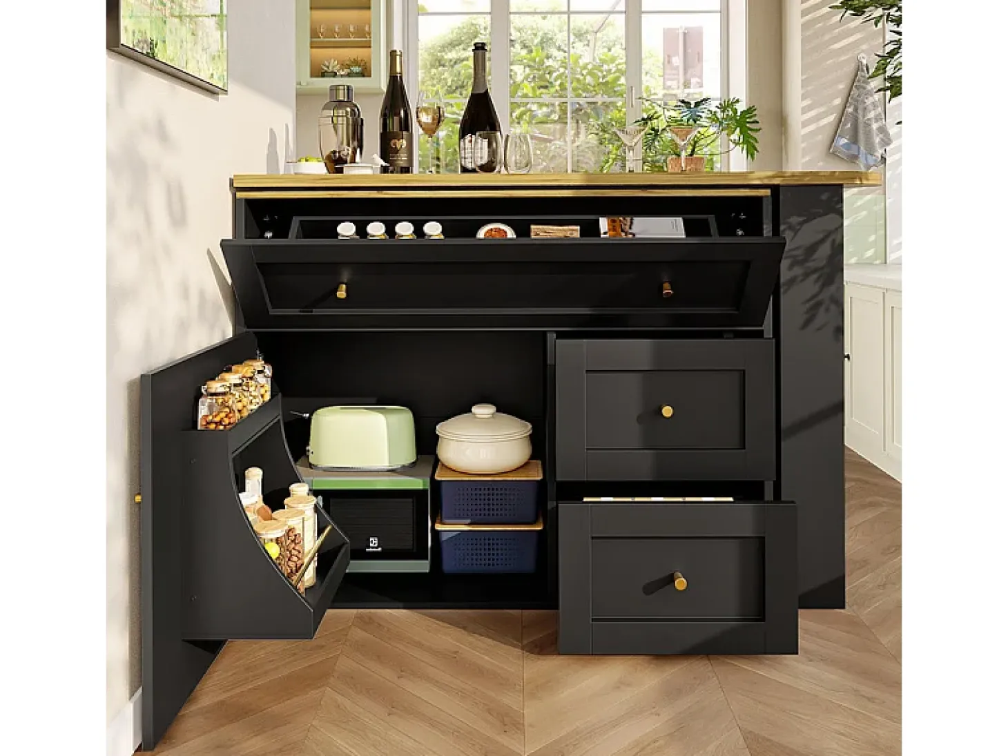 Móvel de bar extensível giratório - com 2 portas, 2 gavetas e 3 nichos - MDF - 138/204×39×105cm - Preto