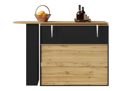 Móvel de bar giratório 360° e retrátil - com 2 gavetas e 1 porta - prateleiras abertas - preto + natural