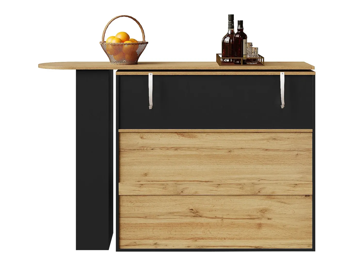 Móvel de bar giratório 360° e retrátil - com 2 gavetas e 1 porta - prateleiras abertas - preto + natural