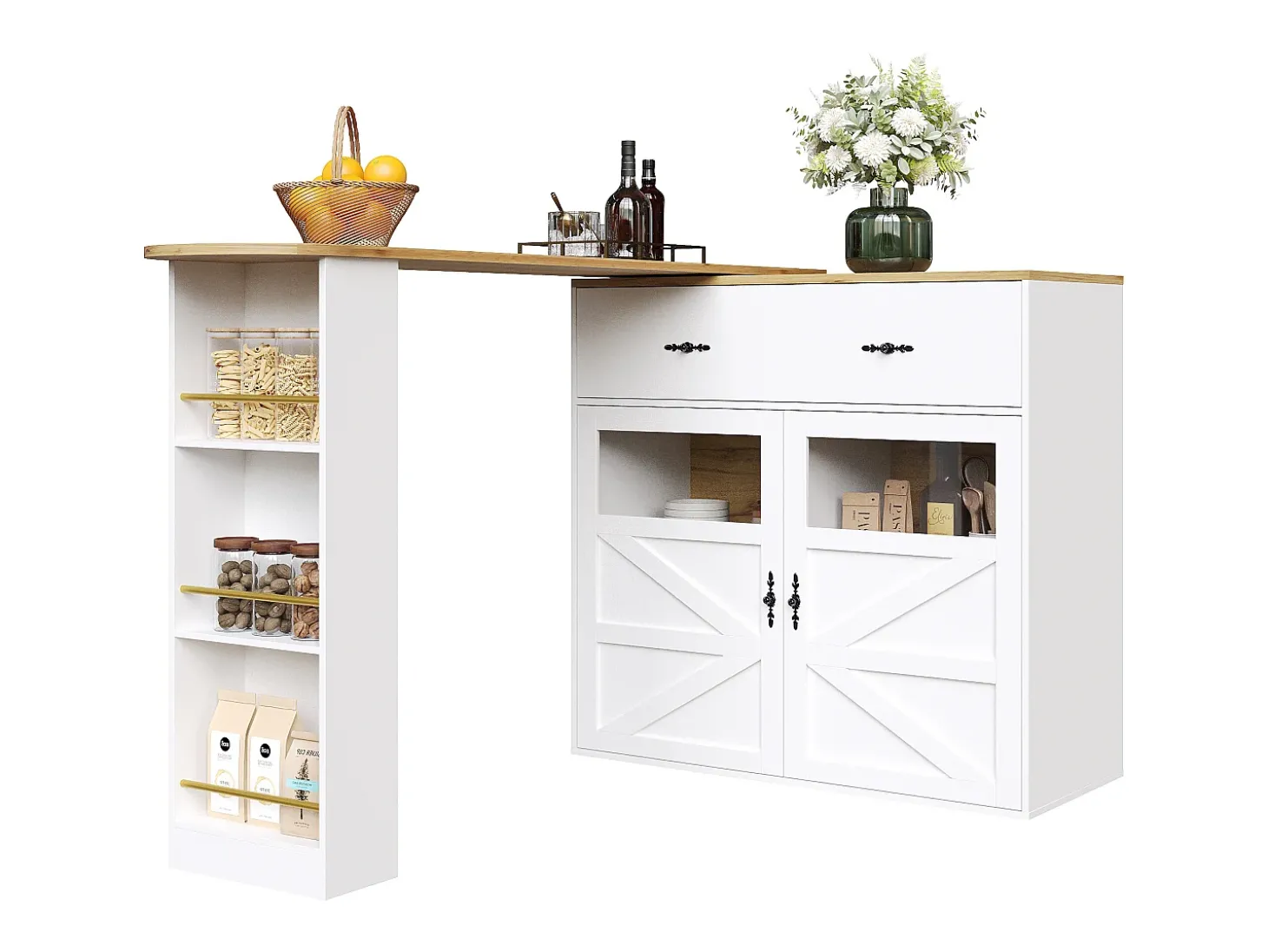 Móvel de bar giratório 360° e retrátil - com 1 gaveta e 2 portas - prateleiras abertas - branco + natural
