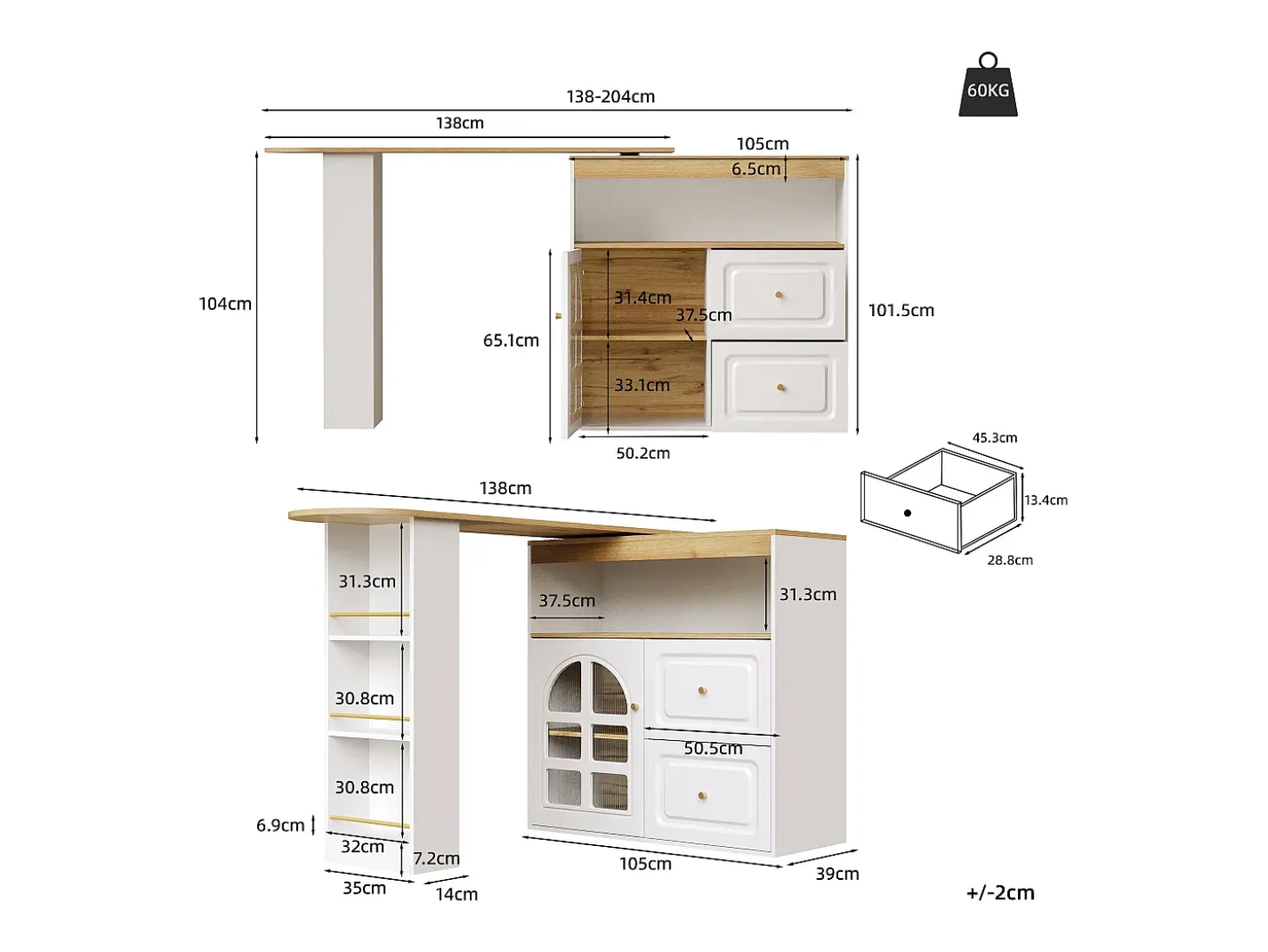 Móvel de bar giratório 360° e retrátil - com 2 gavetas e 1 porta - prateleiras abertas - branco + natural