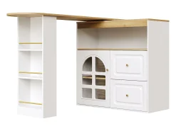 Móvel de bar giratório 360° e retrátil - com 2 gavetas e 1 porta - prateleiras abertas - branco + natural