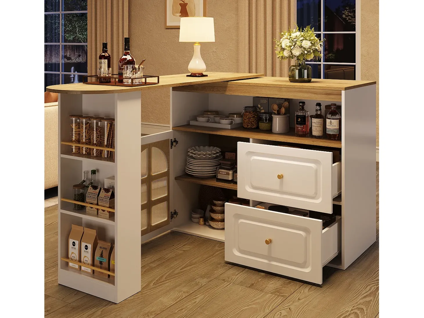Móvel de bar giratório 360° e retrátil - com 2 gavetas e 1 porta - prateleiras abertas - branco + natural
