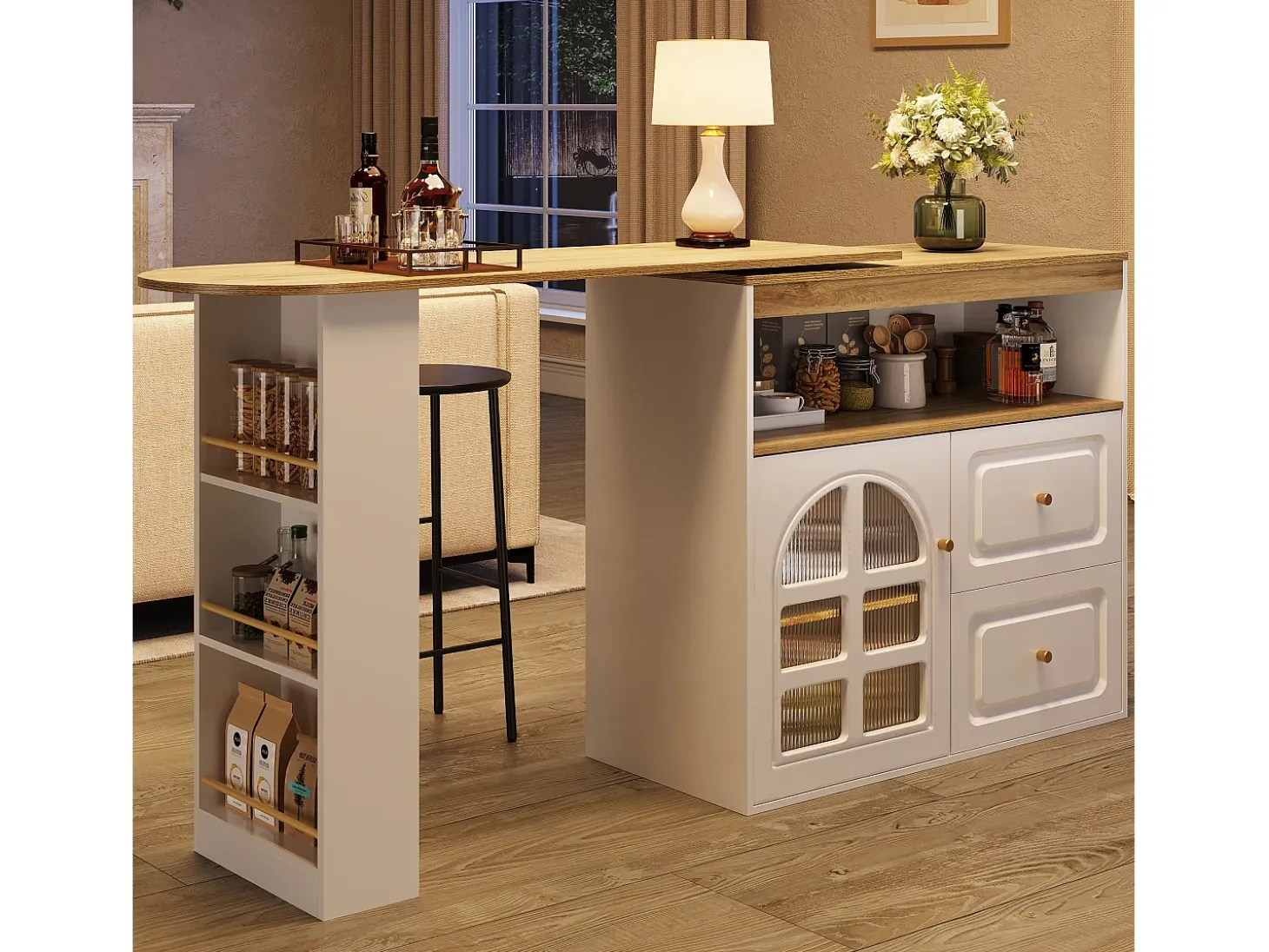 Móvel de bar giratório 360° e retrátil - com 2 gavetas e 1 porta - prateleiras abertas - branco + natural