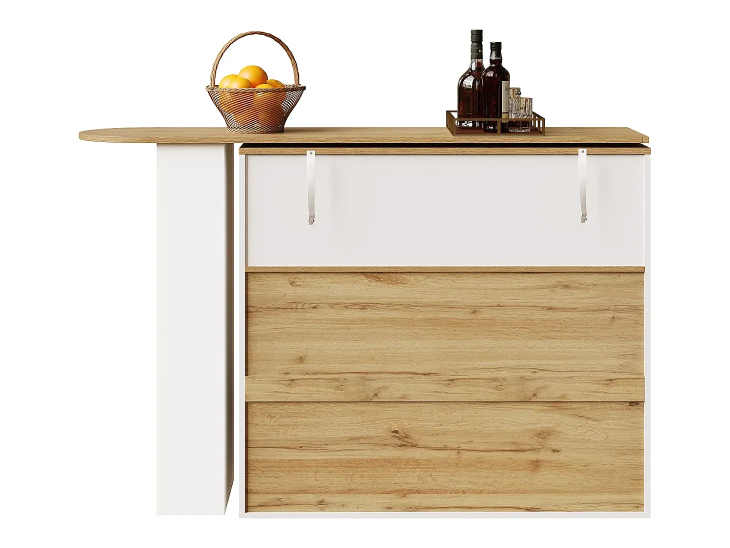 Móvel de bar giratório 360° e retrátil - com 2 gavetas e 1 porta - prateleiras abertas - branco + natural