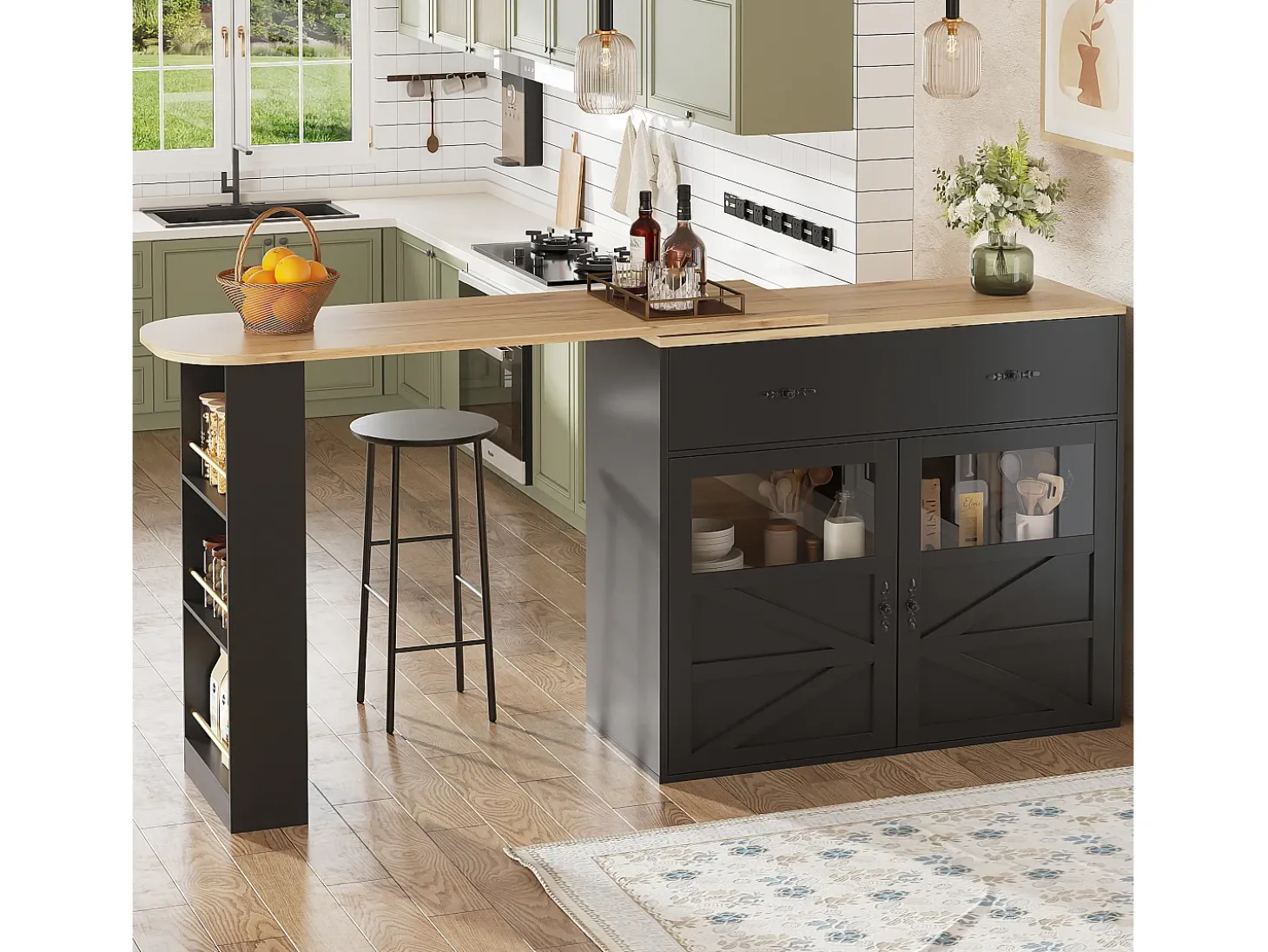 Móvel de bar giratório com 1 gaveta larga e 2 portas, prateleira lateral de três níveis incluída, preto - 204x39x104cm