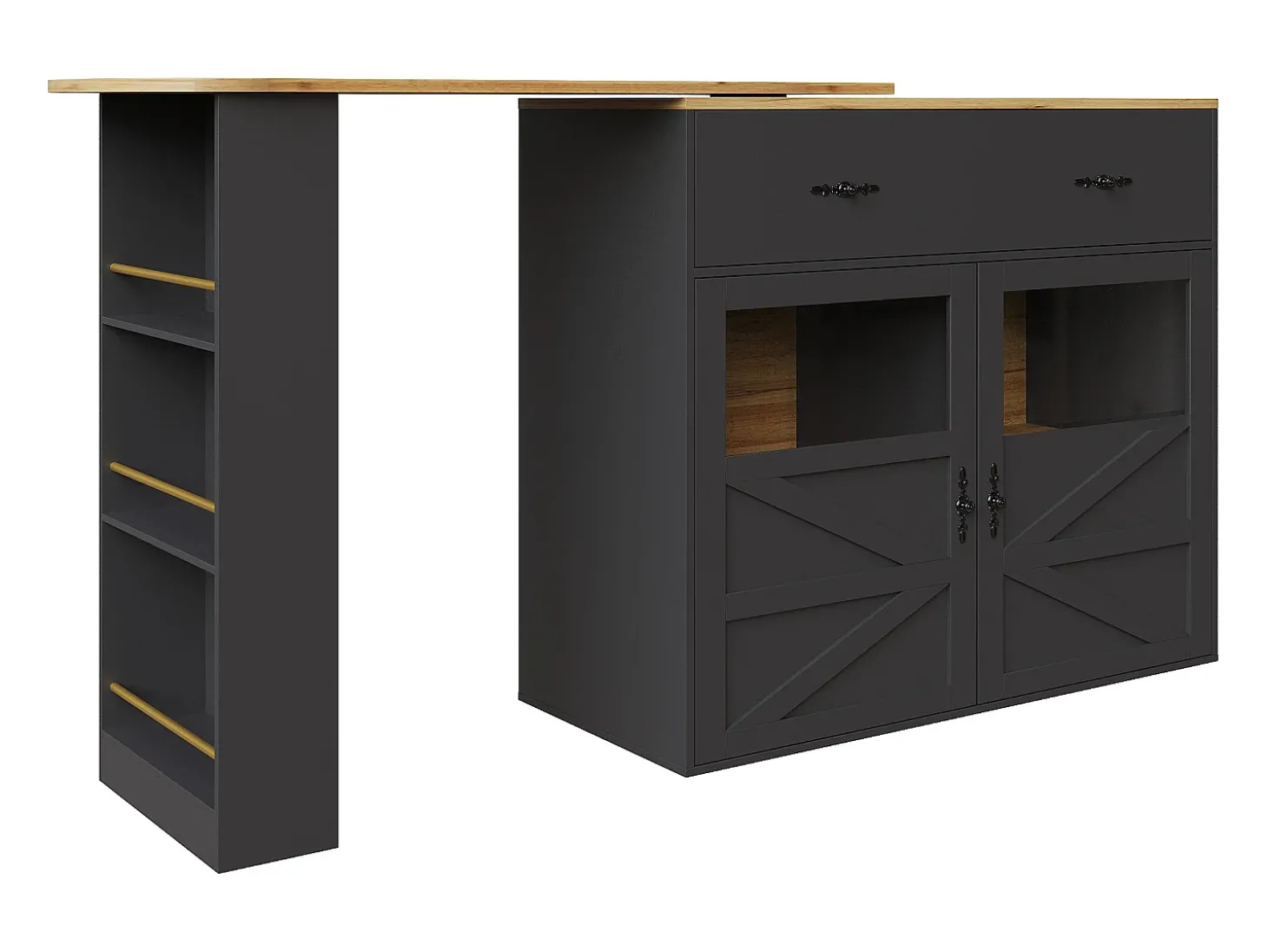 Móvel de bar giratório com 1 gaveta larga e 2 portas, prateleira lateral de três níveis incluída, preto - 204x39x104cm