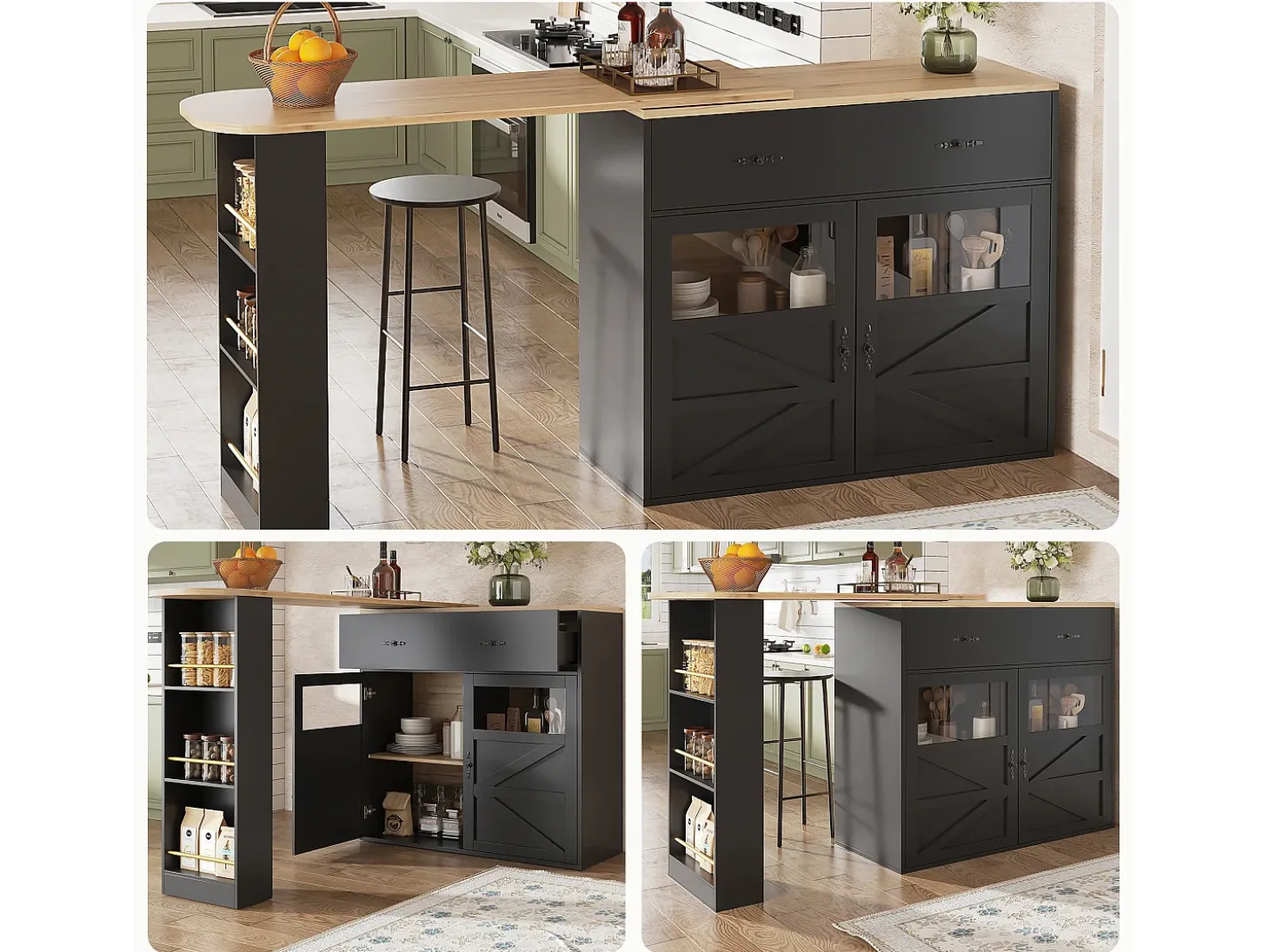 Móvel de bar giratório com 1 gaveta larga e 2 portas, prateleira lateral de três níveis incluída, preto - 204x39x104cm
