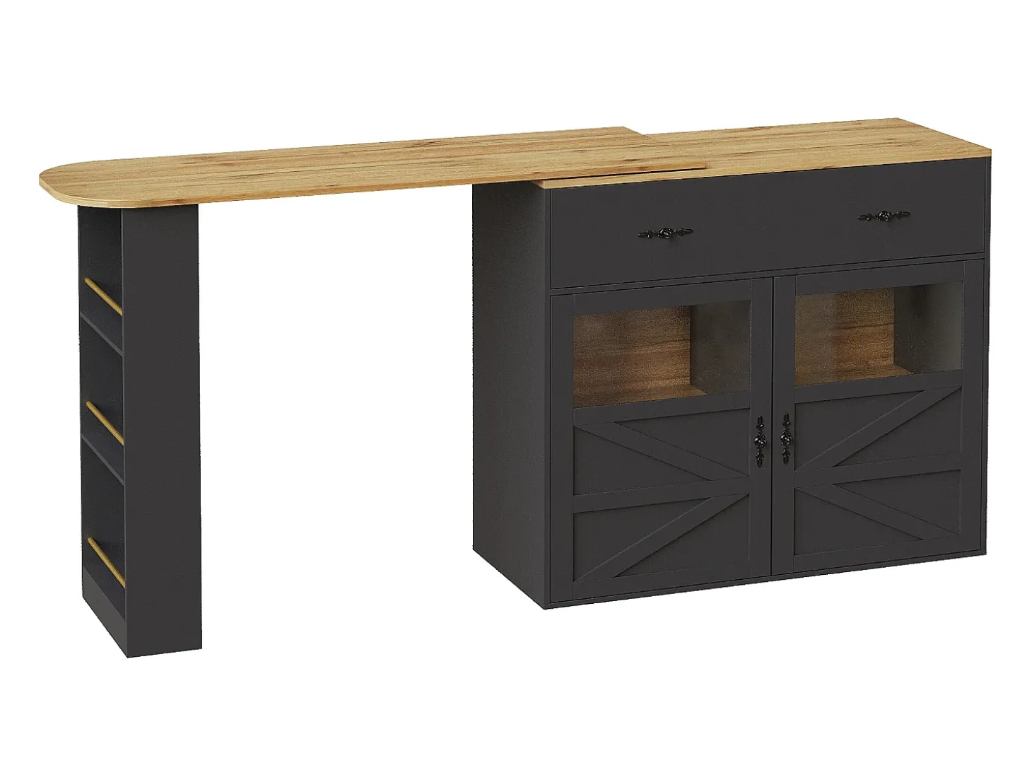 Móvel de bar giratório com 1 gaveta larga e 2 portas, prateleira lateral de três níveis incluída, preto - 204x39x104cm